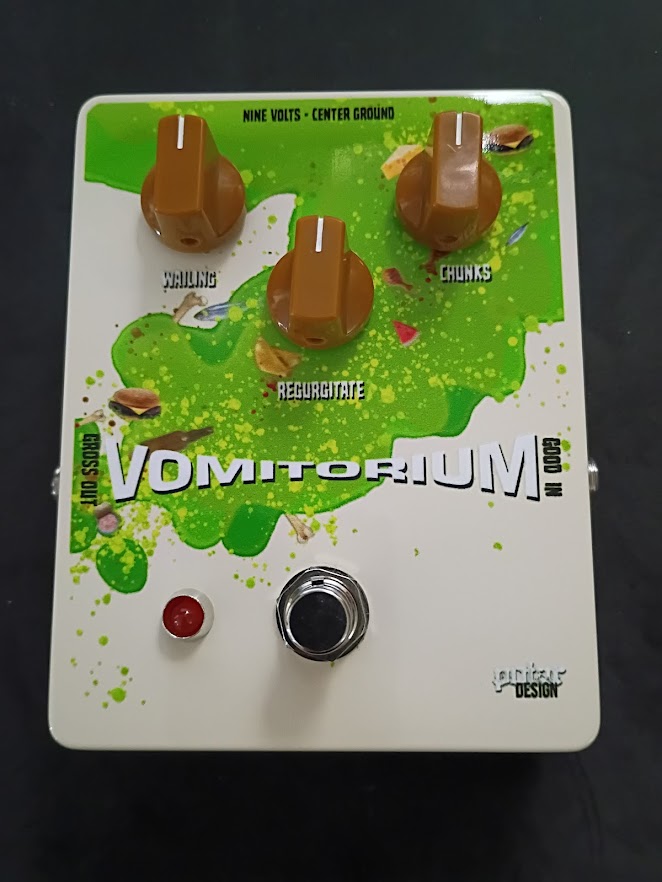 VOMITORIUM guitar effect pedal by POTAR Design - green vomit-like design with food embedded
