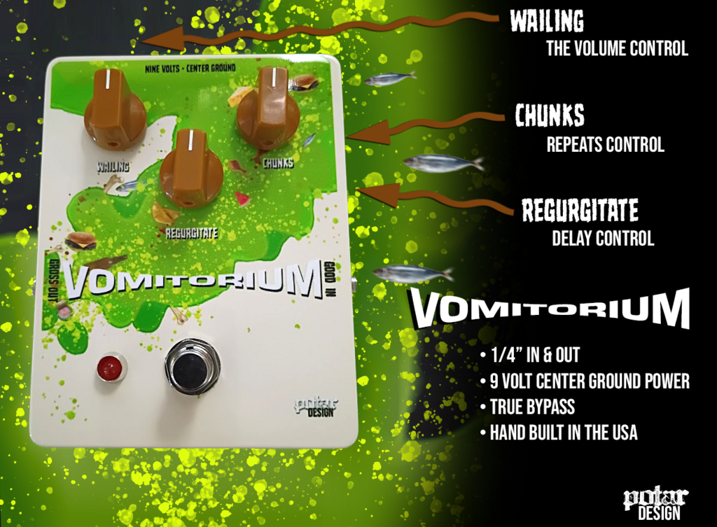 VOMITORIUM guitar effect pedal - a cream colored enclosure with bile green artwork with food items mixed in.