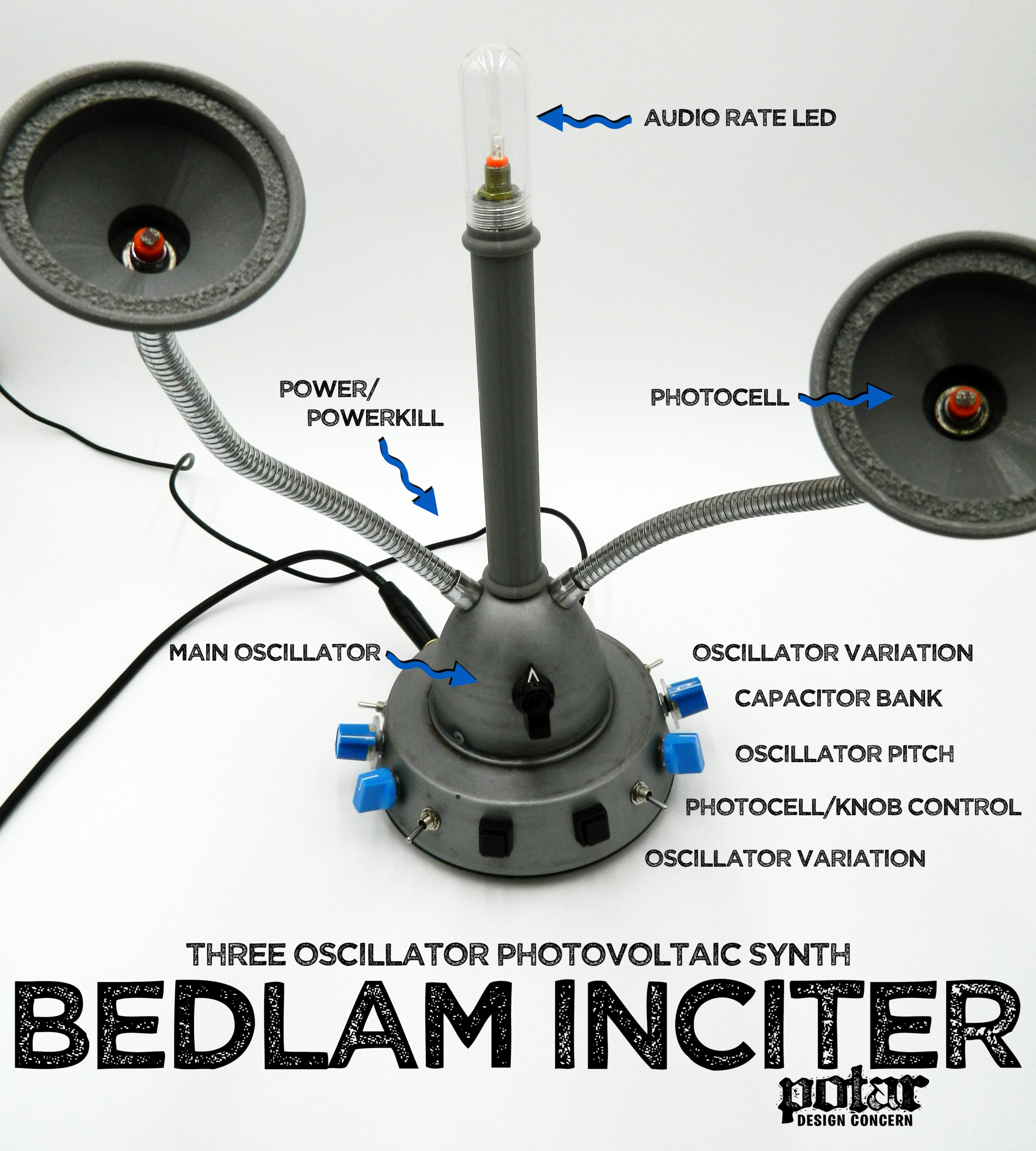 BEDLAM INCITER by POTAR Design - a space age photovoltaic noise synth played with light and motion